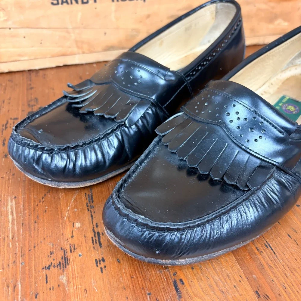Club Room Mens Black Leather Kiltie Loafers Fringe Brogue Made in Spain Size 9‎